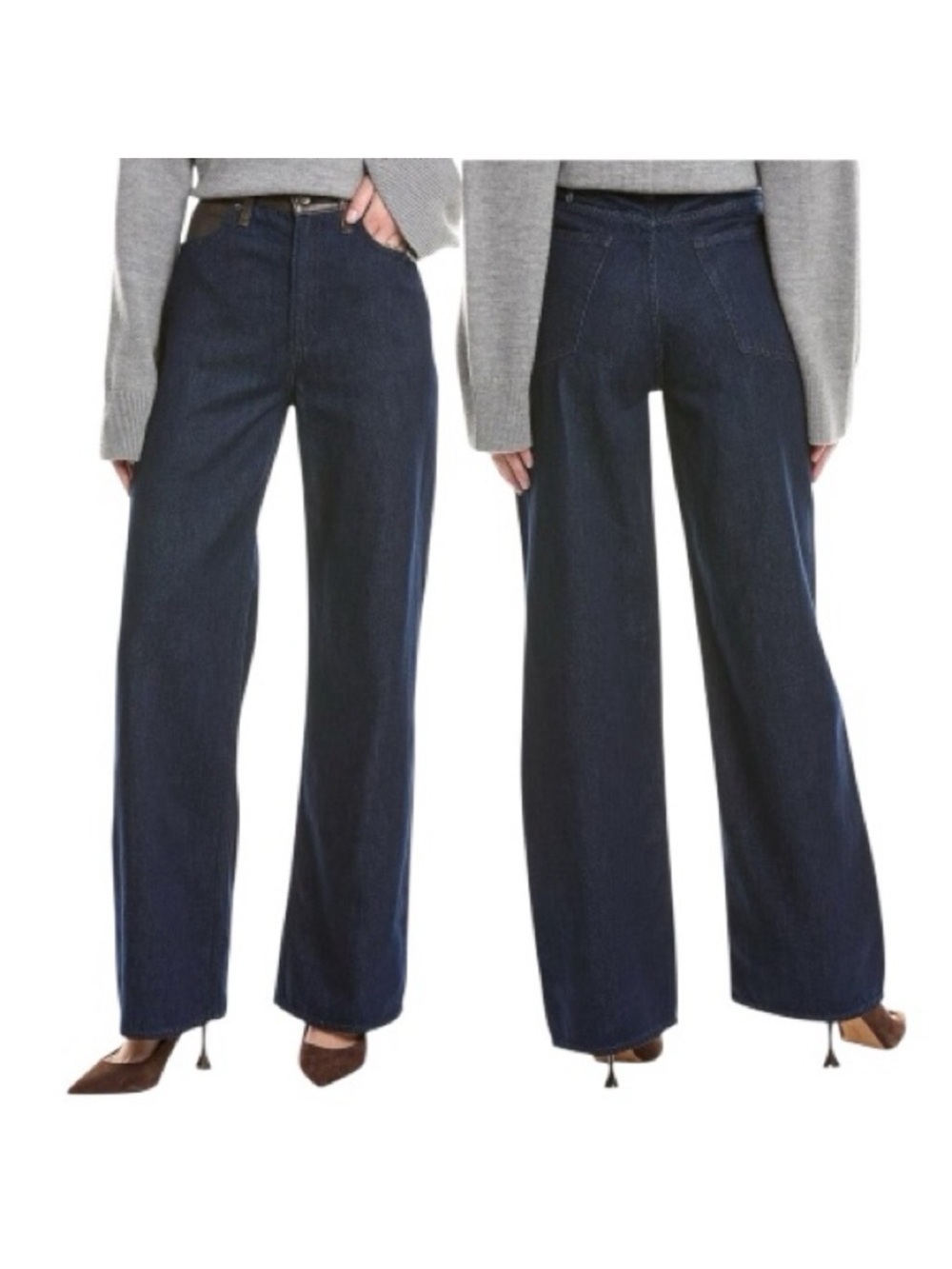 rag & bone Dark Blue wide Leg Jeans with Black Leather Lori midi size 26 cowgirl